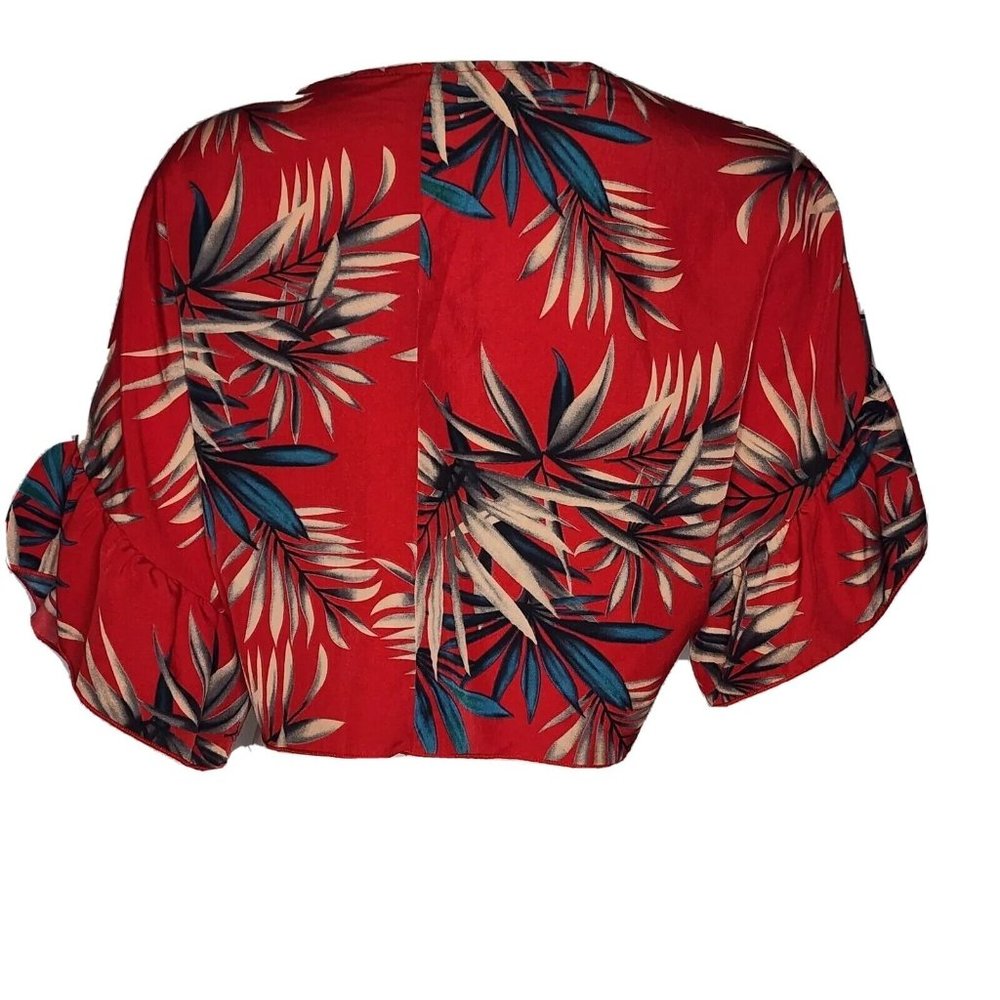 Shein Curve Top Womens Plus Size 1X Red Floral Short Sleeve Crop Tie Front - Picture 3 of 7